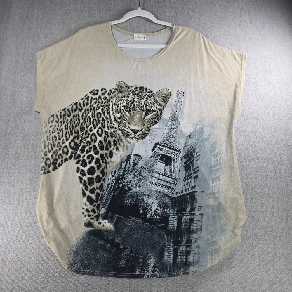Aronia Graphic Tee Women 3XL Beige Leopard Eiffel Tower Rhinestone Top